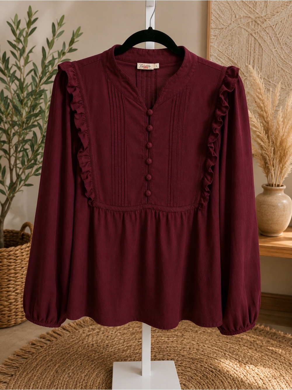 Faherty Burgundy Pintuck Ruffle Peasant Blouse | Boho Long Sleeve Top | Size L